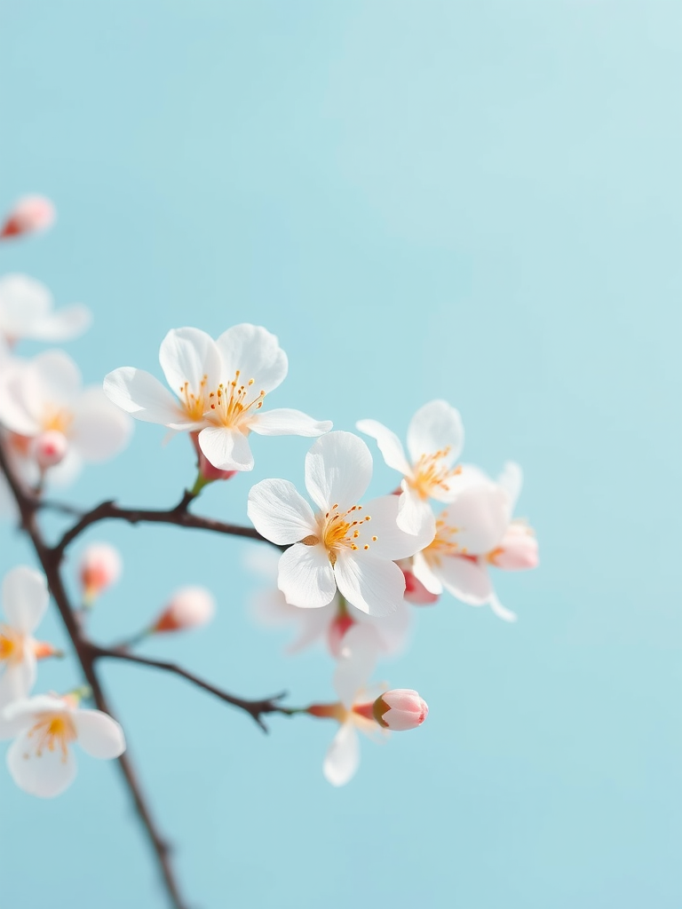 Regenerate an illustration of cherry blossoms against a soft blue background, using a digital camera with a 50mm lens, f/2.8 aperture, in macro view to capture intricate details, and apply a pastel color palette for a serene and soft aesthetic.