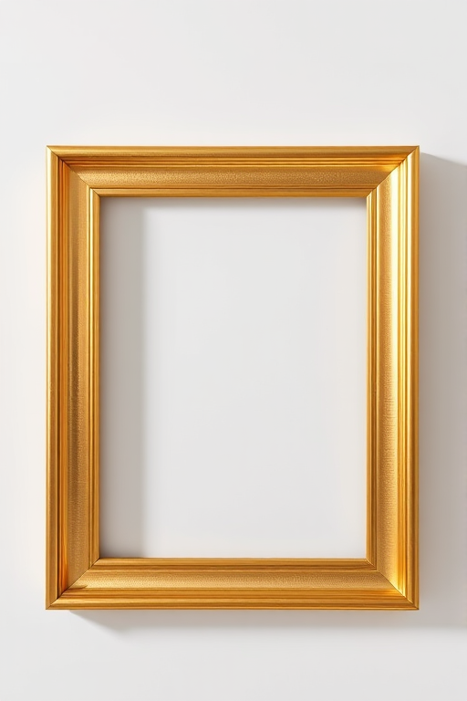 Create a high-resolution image of a square gold frame with a smooth finish and soft lighting, using a Canon EOS R5 camera with a 50mm lens, aperture set to f/1.8, ISO 100, and a shallow depth of field to enhance details and create a blurred background.