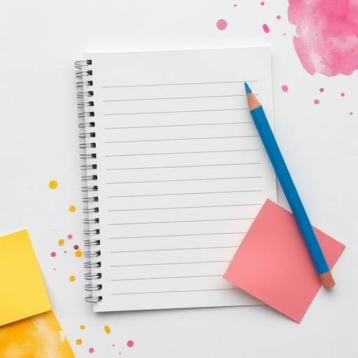 Create a high-resolution image of a blank lined notepad with a blue pencil, surrounded by colorful sticky notes in yellow and pink, with a watercolor splash effect, using a DSLR camera set to f/5.6 aperture, ISO 100, and a focus length of 50mm, with soft natural lighting for enhanced clarity.