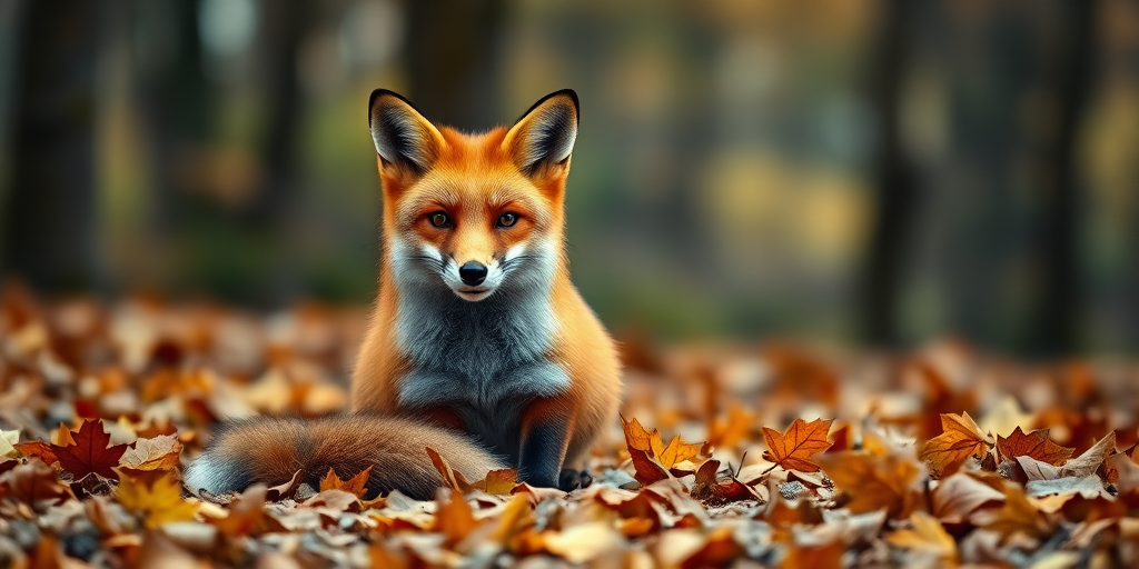A close-up portrait of a red fox sitting on a bed of autumn leaves in a forest, soft focus background, natural lighting, Canon EOS R5, 85mm f/1.2 lens, ISO 200, aperture f/2.8, shutter speed 1/250s.