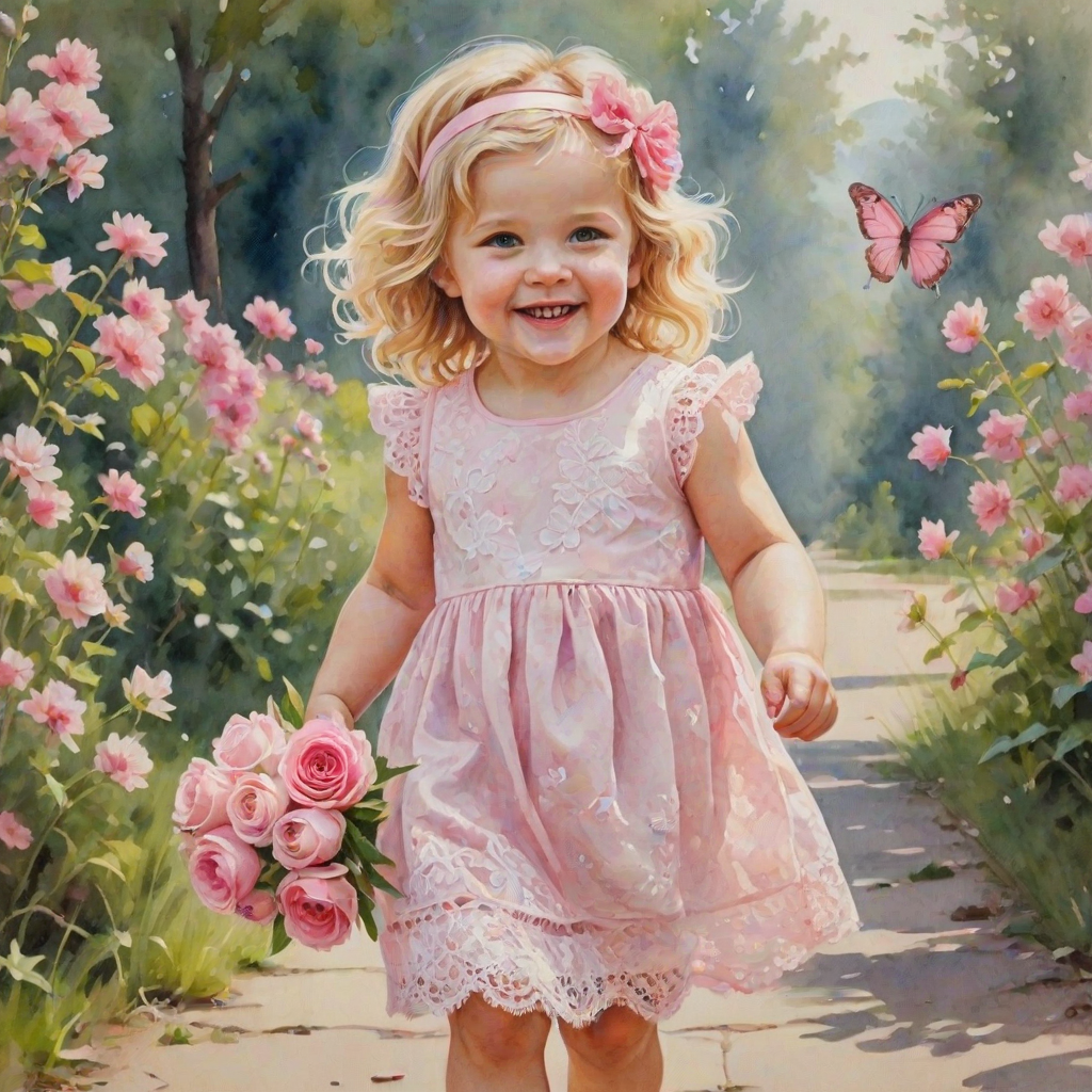 hyperrealism happy smiling toddler girl with messy wavy blonde hair with a headband, she is wearing a pink and white lace dress with pink and white shoes, she is holding a pink bouquet of flowers. Pink flowers and butterflies. summer background. Watercolor Highly detailed
