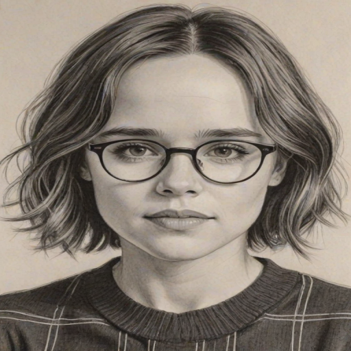 Comely Ellen Page, pencil sketch, portrait of Superb woman 1927s in glasses, hair style beatnik, outline, clear lines, fine lines, 8k