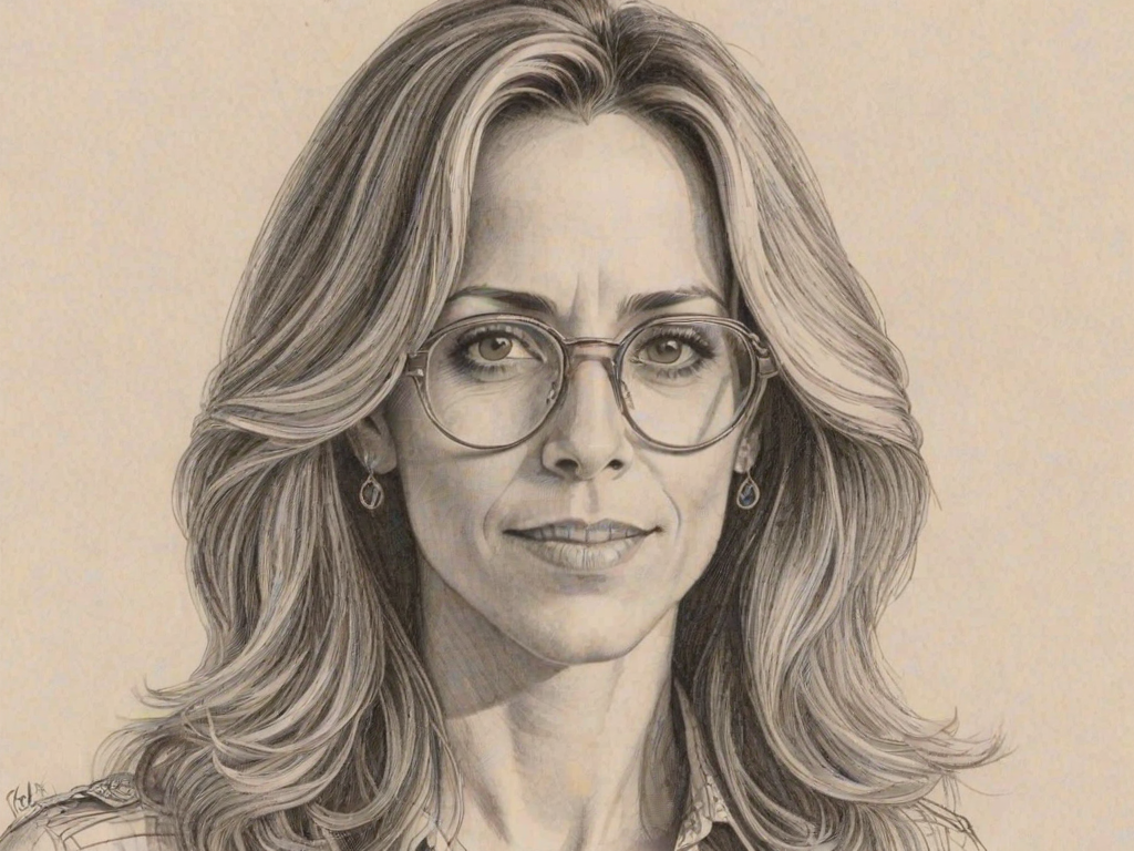 Pleasing Sheryl Crow, pencil sketch, portrait of Exquisite woman 1978s in glasses, hair style beatnik, outline, clear lines, fine lines, 8k