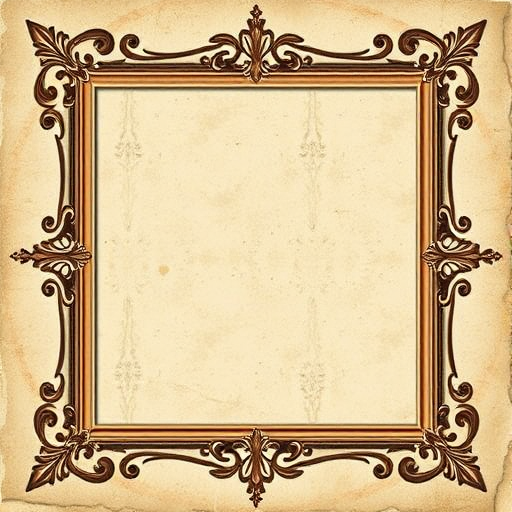 Create a vintage style blank photo frame illustration with ornate borders and a distressed background, using a DSLR camera at f/2.8 aperture, 35mm focal length, and natural lighting to capture detailed textures and warm tones.