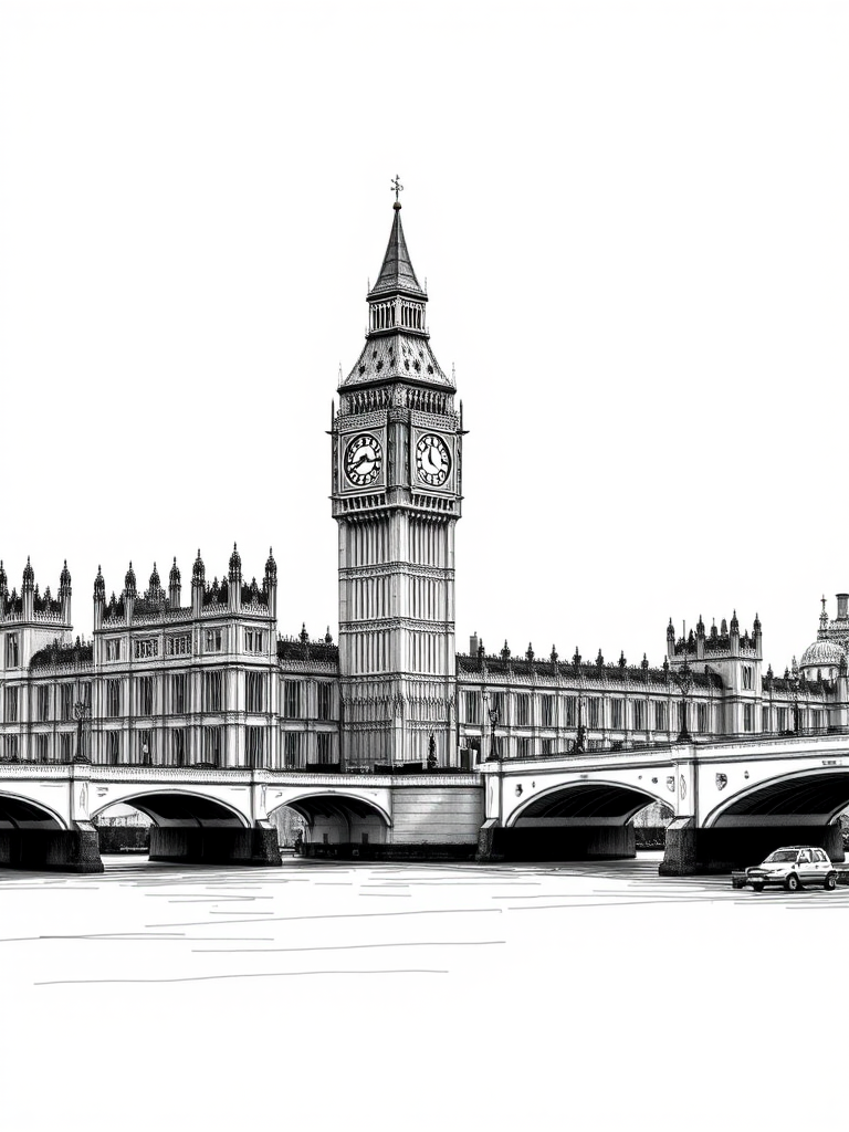 Create a high-resolution black and white sketch of the London skyline featuring Big Ben and the Houses of Parliament, shot with a Canon EOS R5, aperture f/8, shutter speed 1/125s, ISO 100, using a wide-angle lens for a panoramic view and adding a slight vignette effect for depth.
