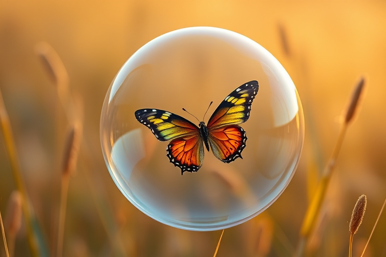 Capture a colorful butterfly within a translucent bubble floating in a field of golden grass, with a soft bokeh background, using a DSLR camera at f/2.8 aperture, ISO 200, 1/500 sec shutter speed, shot from a macro perspective to enhance detail and depth.