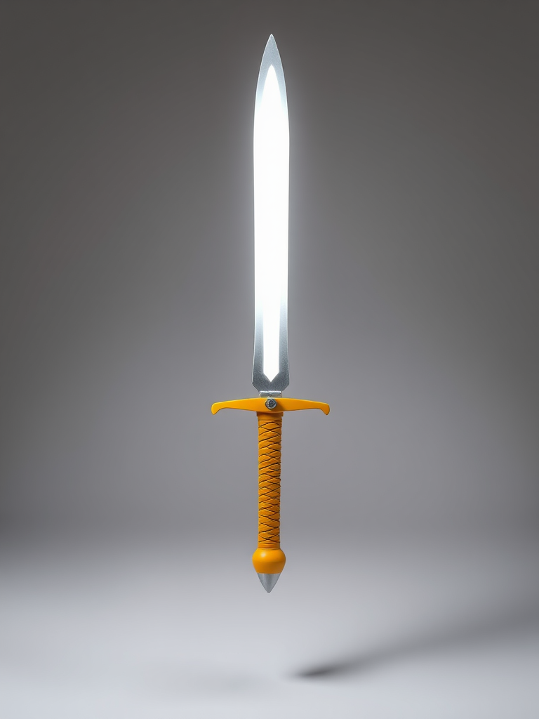 Create an image of a stylized sword with a bright white blade and a yellow hilt, captured using a DSLR camera with a 50mm lens, aperture f/2.8, ISO 100, in a well-lit studio setting for enhanced clarity and detail.