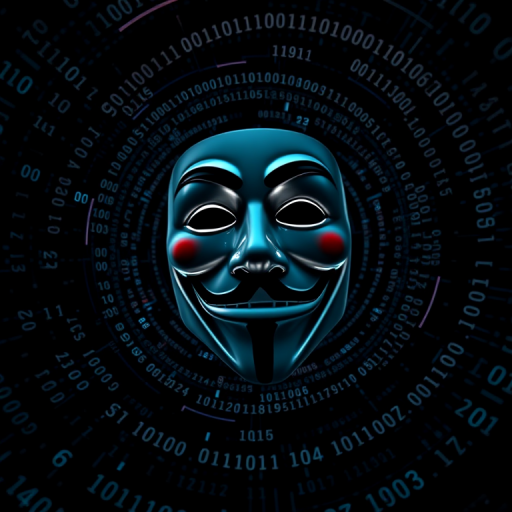 Create a high-resolution image of a Guy Fawkes mask surrounded by swirling digital binary code in a dark background, shot with a Canon EOS R5 at 50mm f/1.8, ISO 100, 1/100s, using a low-angle view and a sharp focus style to enhance details.