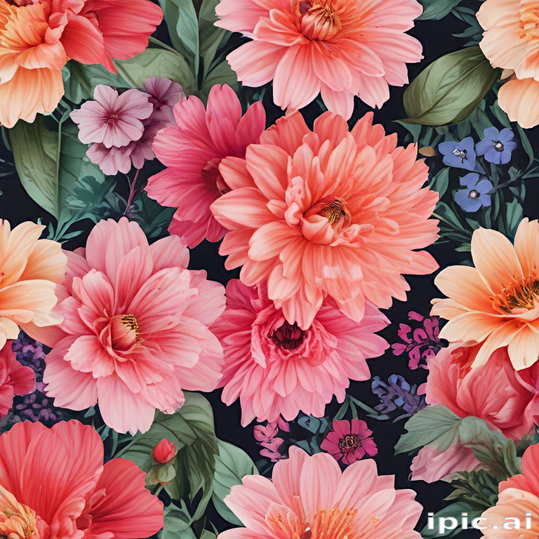 Vibrant Floral Pattern Featuring Various Colorful Blooms on Dark ...