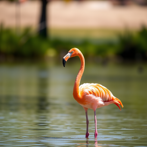 Flamingo standing in water, captured with a DSLR camera at 200mm focal length, f/5.6 aperture, ISO 100, natural sunlight, shallow depth of field, vibrant colors, focus on the bird and soft background.