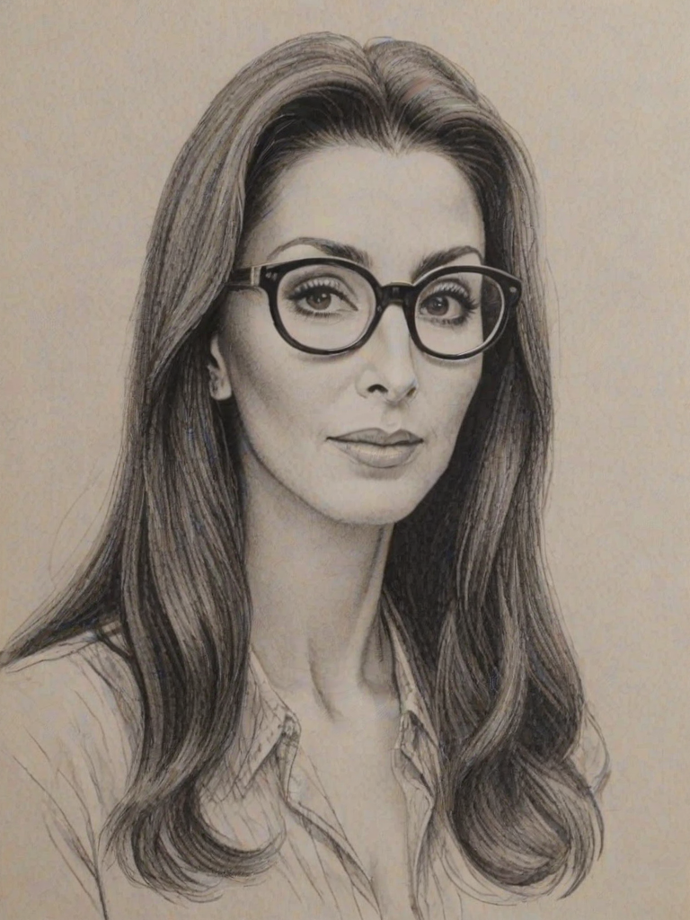 Alluring Cher, pencil sketch, portrait of Appealing woman 1959s in glasses, hair style beatnik, outline, clear lines, fine lines, 8k