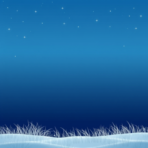 Create a serene winter scene with a gradient sky transitioning from deep blue at the top to a lighter blue near the horizon. Include soft, white grass-like textures at the bottom, with sparkling stars scattered throughout the sky. The overall mood should be calm and peaceful, evoking a sense of tranquility and winter beauty.