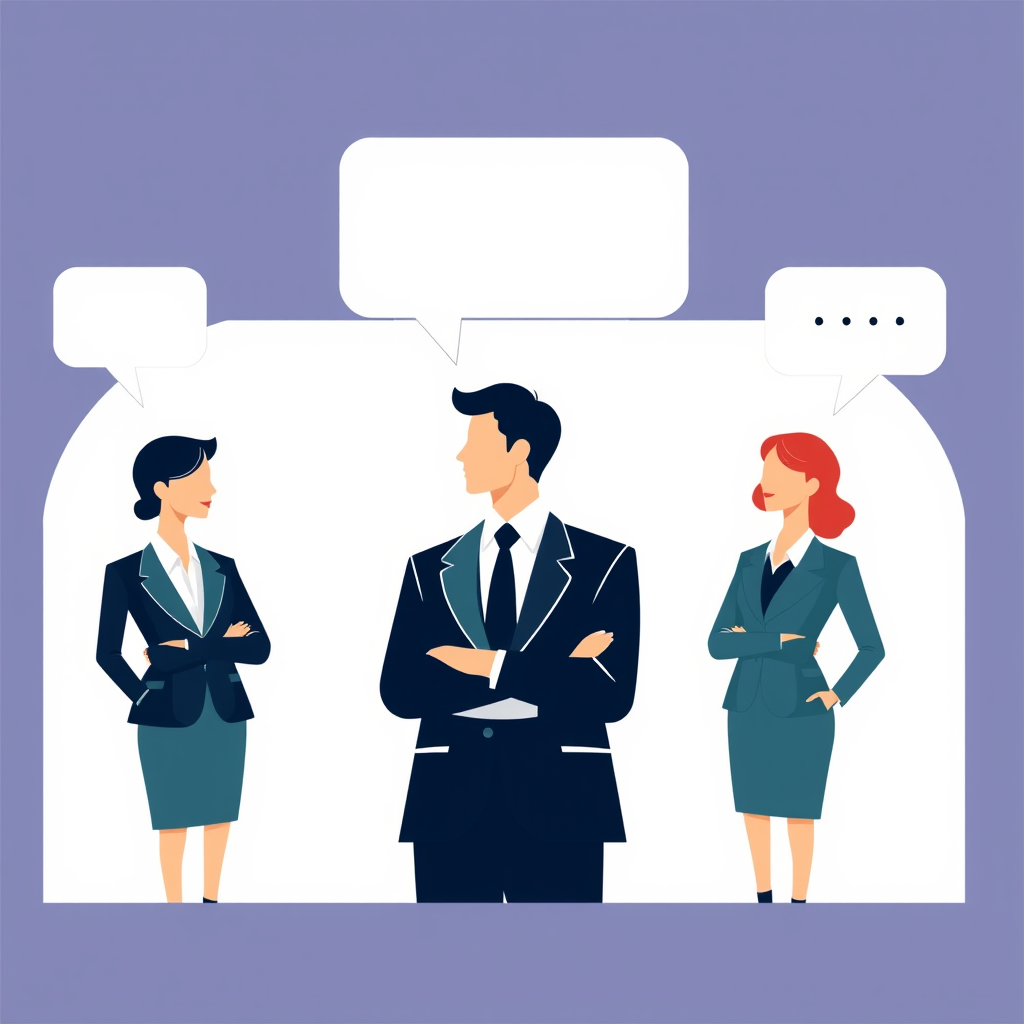 Create a vector illustration of three business people with speech bubbles above their heads, using a clean, minimalist style, shot with a high-resolution digital camera at f/8 aperture, ISO 100, 50mm lens, top-down view, emphasizing clarity and vibrant colors.