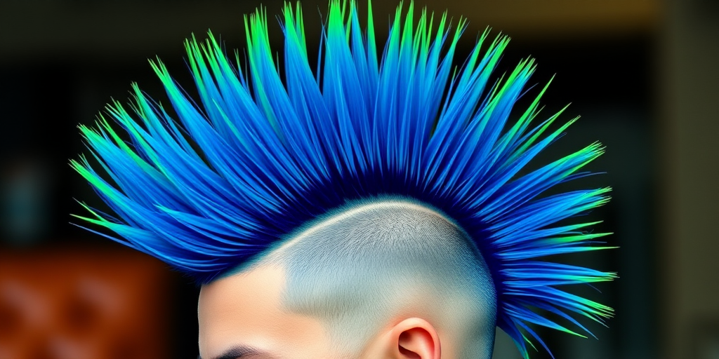 Electric blue mohawk fades into neon green tips, styled in a gravity-defying vertical formation resembling a vibrant tropical bird's plumage, radiating energy and rebellion.