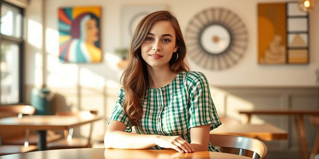 portrait of a young woman in a green checkered dress sitting at a table in a well-lit cafe with artistic wall decor, soft sunlight streaming in, DSLR camera, 50mm lens, aperture f/1.8, ISO 200, natural light, shallow depth of field, warm color tone