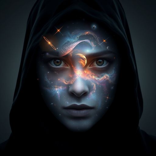 A mysterious hooded figure stands silently, the dark cloak flowing around them like shadows. Beneath the hood, their face is a mesmerizing cosmic scene where swirling galaxies, radiant stars, and vibrant planets form the features. Nebulas drift where eyes should be, glowing softly, while delicate streaks of cosmic energy trace the outlines of a nose and lips. Comets streak across the vastness of their face, and faint constellations pulse with life. The entire visage shifts and evolves as if the universe itself is contained within the figure, giving an ethereal, otherworldly presence to their form.