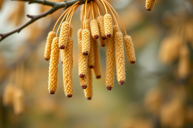 Capture a close-up shot of hanging catkins from a tree, using a DSLR camera with a 50mm lens, aperture f/2.8 for a shallow depth of field, ISO 200, and a shutter speed of 1/200s, focusing on the texture and colors of the catkins against a softly blurred background.