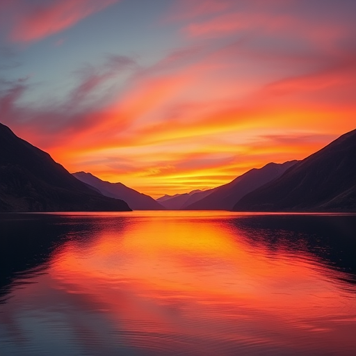Generate a high-resolution image of a serene landscape featuring a sunset over mountains, with vibrant colors reflecting on a calm lake, captured with a DSLR camera at f/8 aperture, ISO 100, shutter speed 1/125 sec, using a wide-angle lens from a slightly elevated view to enhance depth.