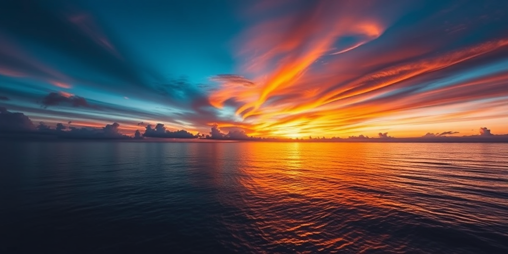 Create a high-resolution image of a serene sunset over a calm ocean using a DSLR camera with a 50mm lens, aperture set to f/8, ISO 100, and a shutter speed of 1/125s, capturing the vibrant colors of the sky reflected on the water with a wide-angle view.