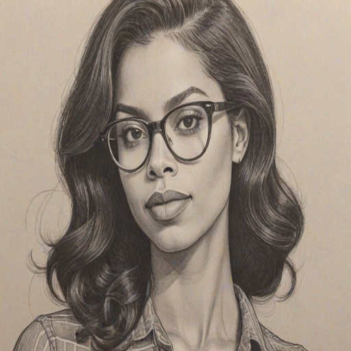 Bewitching Susan Kelechi Watson, pencil sketch, portrait of Enticing woman 1966s in glasses, hair style beatnik, outline, clear lines, fine lines, 8k