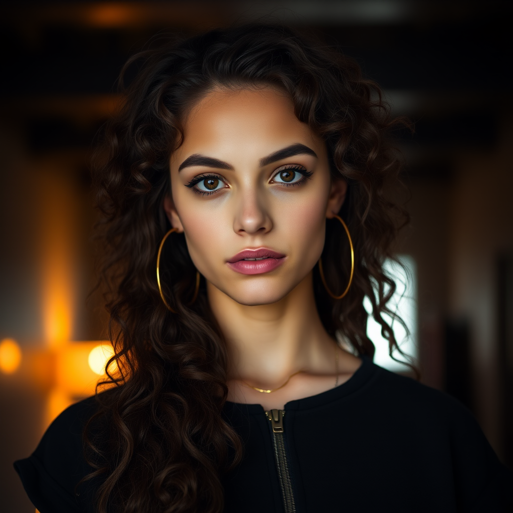 A young woman with long, curly brown hair is looking directly at the viewer. She is wearing a black top with a zipper down the front. The setting is a dimly lit interior space, with a warm, golden light emanating from the background. Her expression is neutral, with a hint of seriousness. The image is a close-up portrait with a shallow depth of field, focusing on the woman's face and torso. The background is blurred, creating a soft and intimate atmosphere.  She is wearing large gold hoop earrings, and a small gold chain is visible around her neck.  Her makeup is natural and simple, highlighting her brown eyes. The lighting creates subtle shadows that accentuate her features.  Her skin is smooth and glows in the soft light. The composition is balanced, with the woman's face positioned in the center of the frame.  The image is focused on capturing her beauty and confidence.