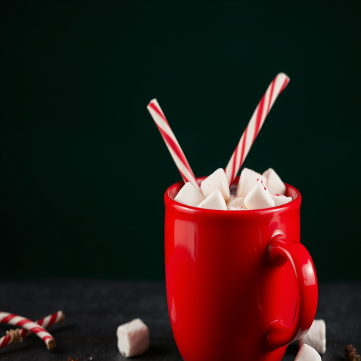 A cozy red mug filled with hot chocolate and marshmallows, topped with peppermint sticks, against a dark green background, shot with a Canon EOS R5, 50mm lens, f/1.8 aperture, ISO 100, natural lighting for enhanced detail and color vibrancy.