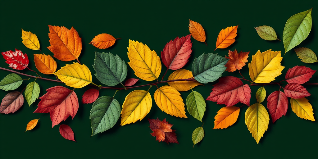 Create a vibrant illustration of assorted leaves in various colors, centered on a dark green background, captured with a DSLR camera at f/8, ISO 100, 50mm lens, using natural lighting for enhanced detail and depth.
