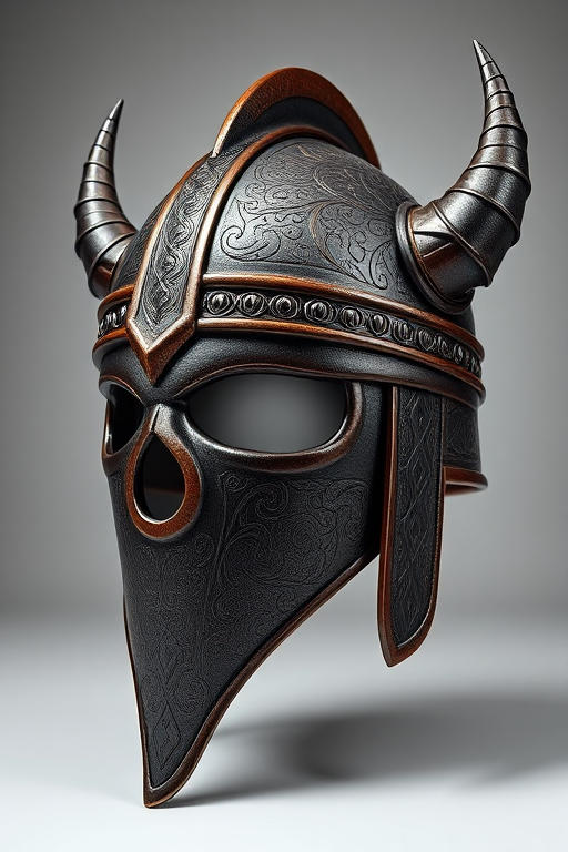 Generate a highly detailed 3D render of a Viking helmet with intricate patterns, using an 85mm lens at f/1.8, ISO 200, 1/60 sec, in a soft studio lighting setup, viewed at a 45-degree angle against a neutral background.