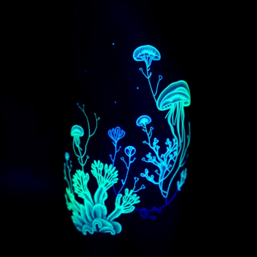 Mystical UV blacklight tattoo named "Bioluminescent Dreams" featuring hidden designs that only become visible under ultraviolet light depicting an ethereal underwater scene with glowing jellyfish coral formations and bioluminescent organisms rendered in specialized UV-reactive inks that appear as subtle off-white markings in normal lighting but burst into vibrant fluorescent colors when exposed to blacklight