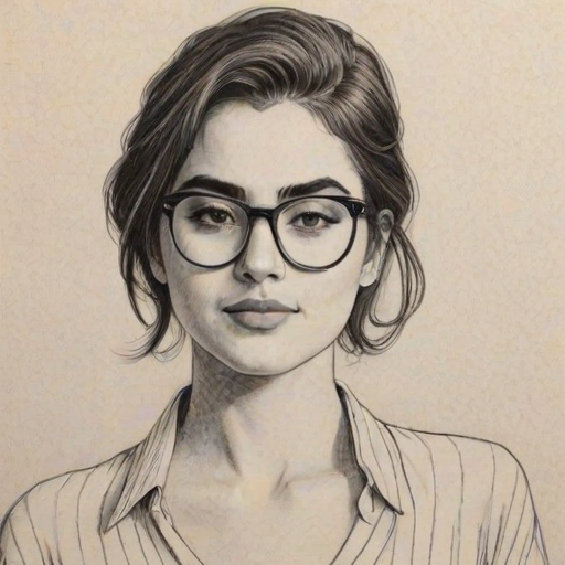 Enchanting Alanna Masterson, pencil sketch, portrait of Fetching woman 1977s in glasses, hair style beatnik, outline, clear lines, fine lines, 8k
