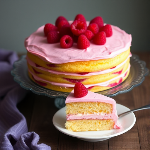 A beautifully layered cake with yellow sponge layers and raspberry filling topped with pink frosting and fresh raspberries on a glass cake stand with a slice on a white plate and a fork beside it