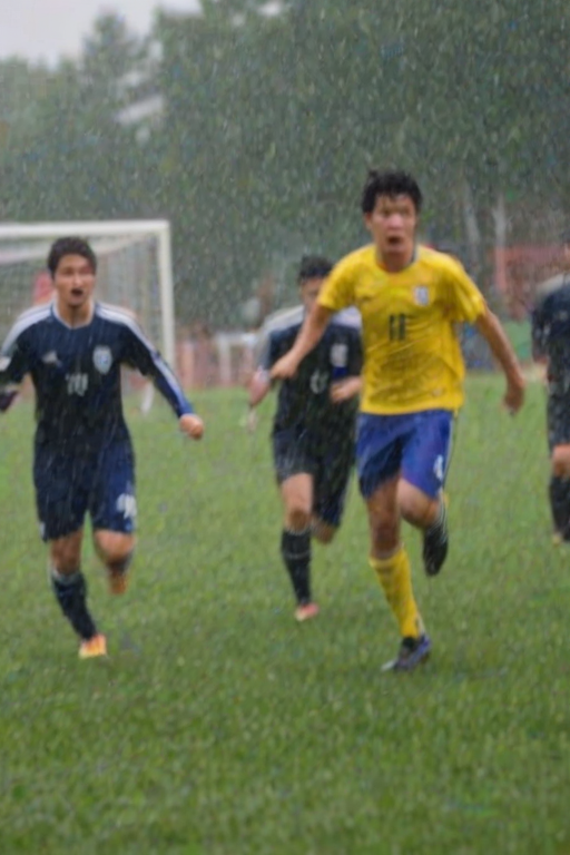 Blurry candid photo of a soccer game on a rainy afternoon, water droplets in mid-air, with the players' intense expressions barely visible through the downpour.