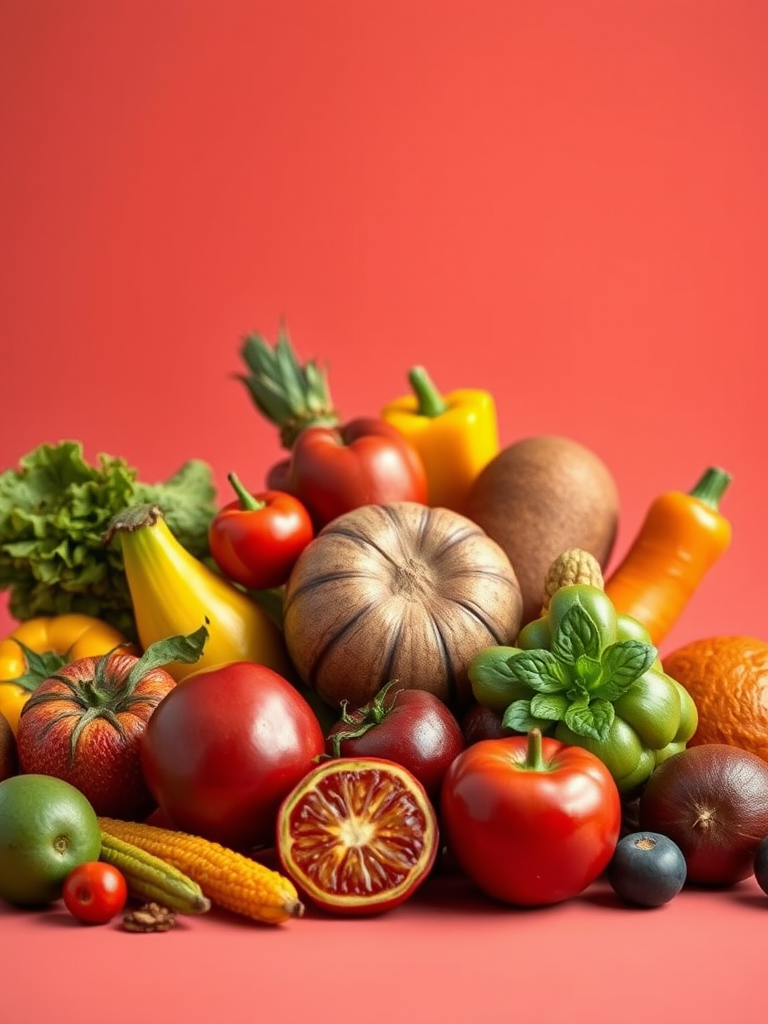 highly detailed still life composition of assorted fruits and vegetables against a vibrant coral background, shot with a Canon EOS R5, 50mm lens, f/1.8 aperture, ISO 100, soft natural lighting for enhanced color saturation and texture clarity