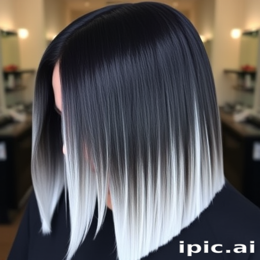 Jet black to white ombre styled in a sleek, pin-straight lob by "Monochrome Magic" salon, featuring a sharp, angled cut that's longer in the front, with a high-shine finish that creates a striking contrast between the dark roots and icy tips, exuding modern sophistication.