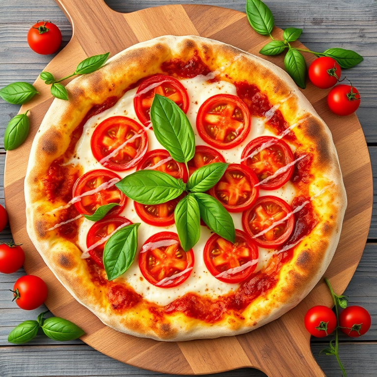 A freshly baked margherita pizza with sliced tomatoes and basil on a wooden board, surrounded by cherry tomatoes and basil leaves, captured with a Canon EOS R5, 50mm lens, f/1.8 aperture, natural light, top-down view, vibrant colors for enhanced quality.