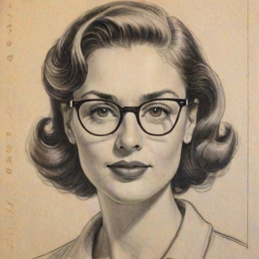 Appealing Kat Foster, pencil sketch, portrait of Pleasing woman 1949s in glasses, hair style beatnik, outline, clear lines, fine lines, 8k