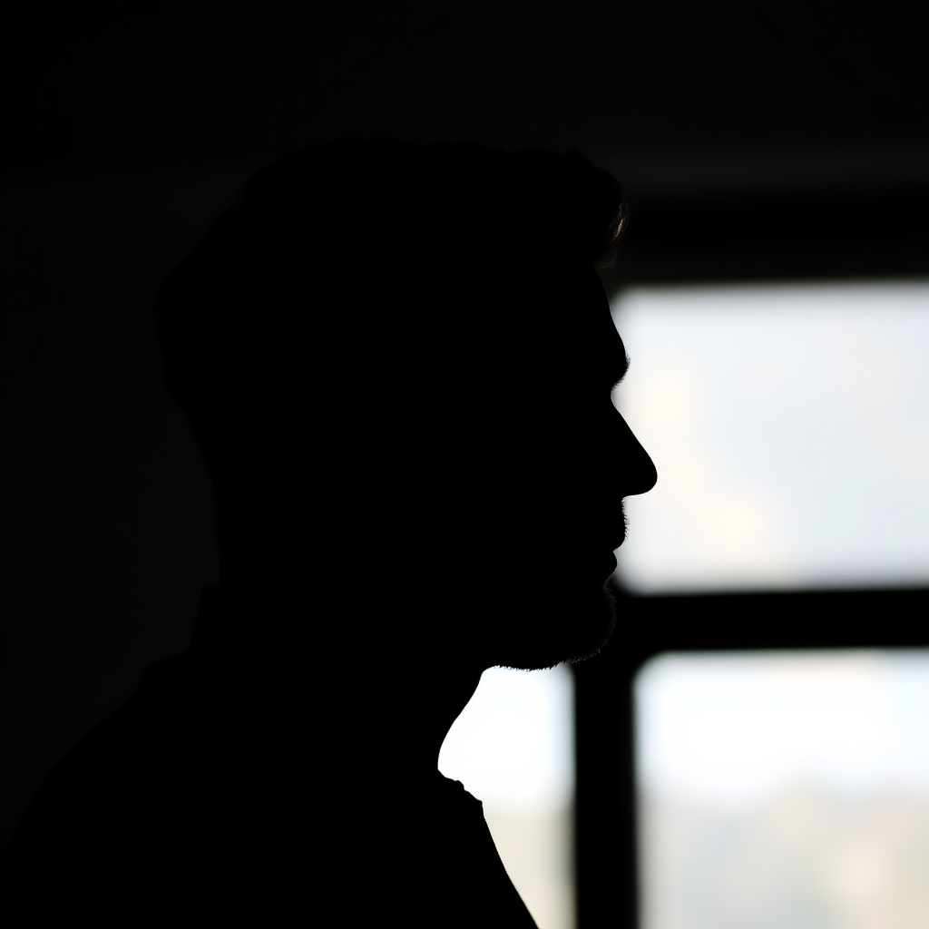Create a high-resolution silhouette of a man's profile, soft focus, f/2.8 aperture, 50mm lens, shot in natural light, DSLR camera, side view.