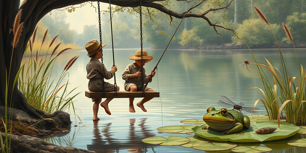 Imagine a small group of old fashioned young boys out fishing by the creek, a swing hanging from a tree branch, reeds and grasses by the water's edge, a frog sitting on a lily pad, dragonflies hovering over som water plans, a very iconic old fashioned scene reminiscent of a Norman Rockwell painting style