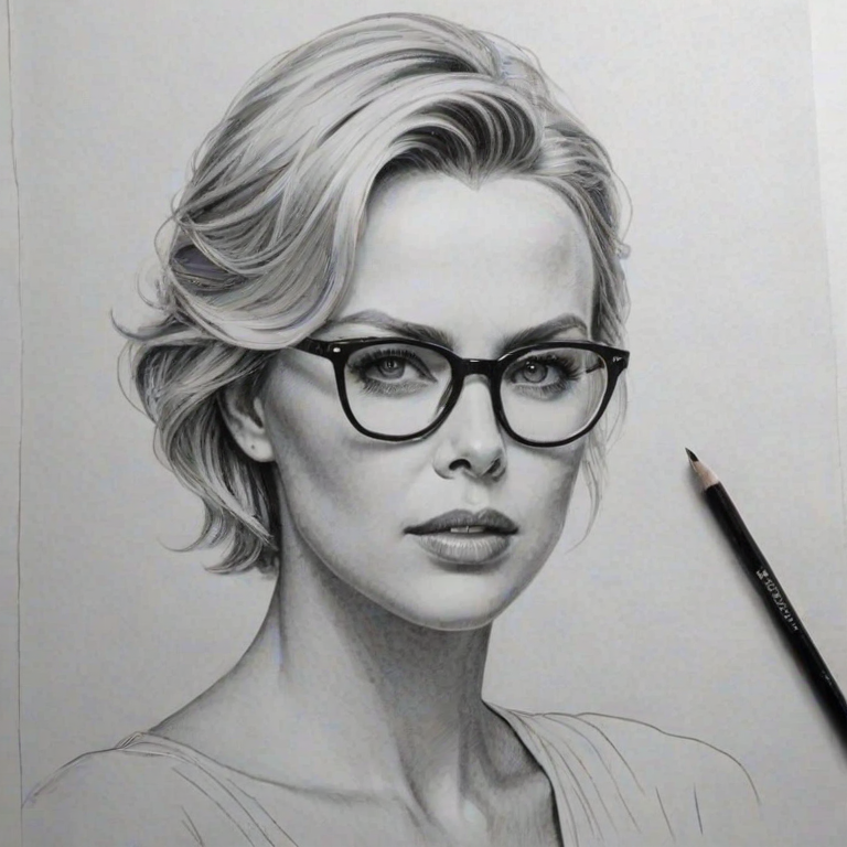 Exquisite Charlize Theron, pencil sketch, portrait of Sublime woman 1956s in glasses, hair style beatnik, outline, clear lines, fine lines, 8k
