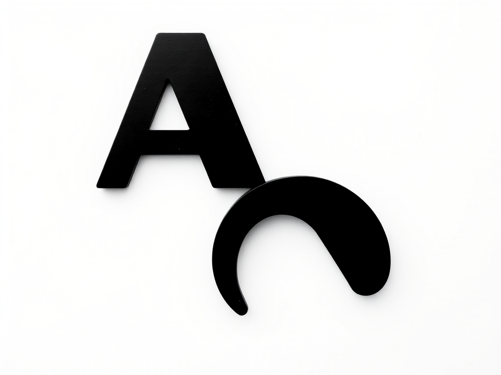 Create a high-resolution image of a stylized black letter A on a white background, with a DSLR camera, 50mm lens, aperture f/2.8, ISO 100, and a soft diffused lighting setup to enhance depth and contrast.