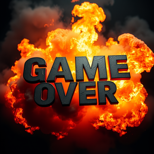 Create an explosive scene featuring the text "GAME OVER" in a bold, distressed font with dynamic flames and smoke in the background, shot with a DSLR camera, f/2.8 aperture, ISO 200, 50mm lens, high-contrast lighting, and a dramatic angle to enhance depth and intensity.