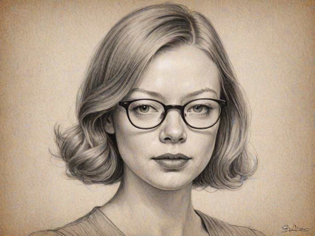 Enchanting Sarah Snook, pencil sketch, portrait of Comely woman 1933s in glasses, hair style beatnik, outline, clear lines, fine lines, 8k