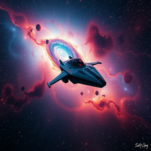 Generate a high-quality image of a spaceship flying through a galaxy with vibrant colors and stars, using a DSLR camera, 35mm lens, f/2.8 aperture, ISO 100, capturing a wide-angle view for depth.
