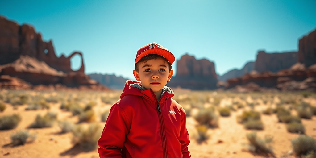 A young boy wearing a red jacket and cap stands in a desert landscape with red rock formations under a bright blue sky, captured with a Canon EOS R5, 35mm lens, f/8 aperture, 1/200s shutter speed, landscape orientation, vibrant color style.