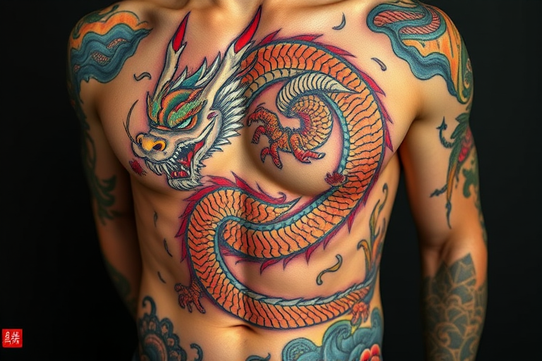 Powerful body tattoo portraying a fierce dragon winding around the torso, executed in a traditional Japanese style with bold colors and dynamic shading