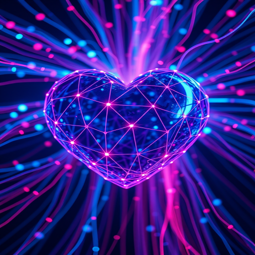 Create a vibrant digital artwork of a 3D heart-shaped globe made of interconnected lines and nodes, surrounded by a cascading array of blue and red light streaks, shot with a DSLR camera at f/1.8 aperture, ISO 100, with a wide-angle lens at 24mm for enhanced depth and clarity.