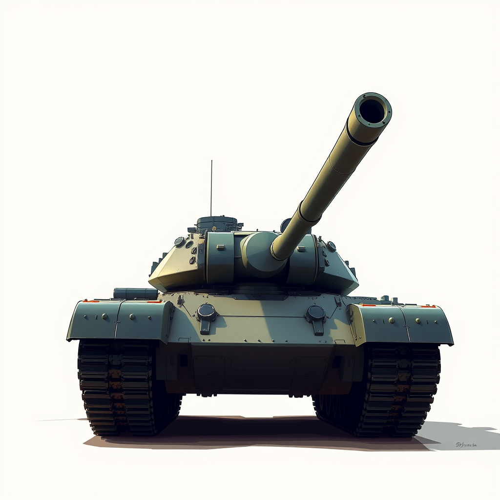 Create a highly detailed digital illustration of a modern tank on a neutral background, using a Canon EOS R5 camera with a 50mm f/1.2 lens, shot at a low angle to emphasize the tank's powerful stature, with high contrast and vibrant colors to enhance visual impact.