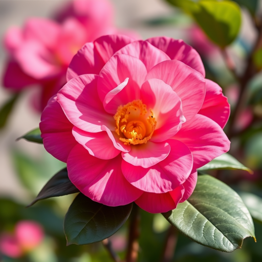 Create a high-resolution illustration of a pink camellia flower with detailed leaves against a soft blurred background, shot with a DSLR camera at f/2.8 aperture, 50mm lens, in natural light, capturing vibrant colors and fine textures.