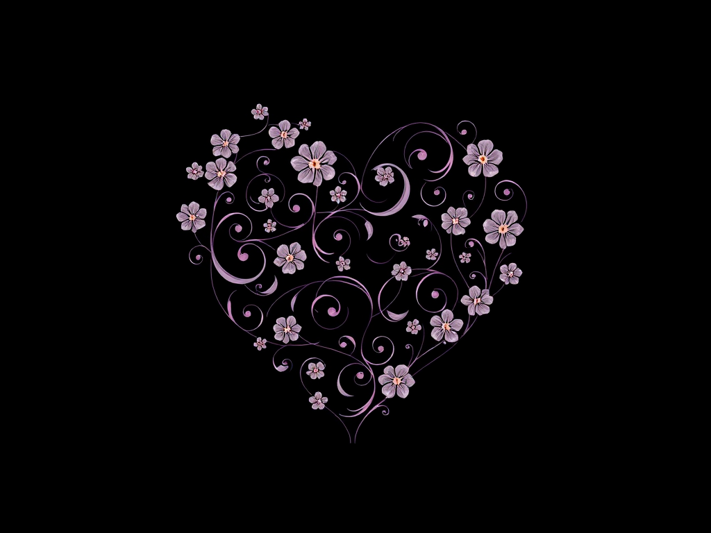 Create a heart shape filled with intricate swirling floral patterns set against a solid black background, captured with a Nikon D850, 50mm lens, f/1.8 aperture, ISO 100, in a high-resolution macro photography style.