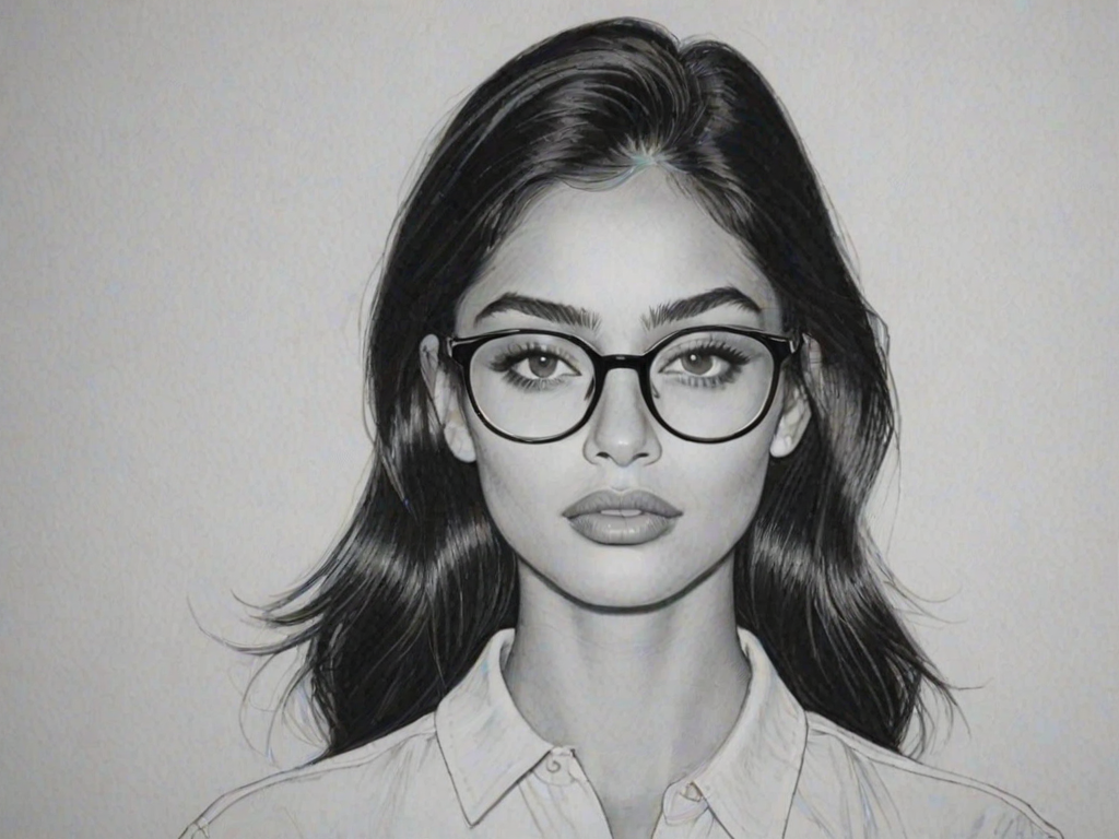 Pleasing Cindy Kimberly, pencil sketch, portrait of Charming woman 1963s in glasses, hair style beatnik, outline, clear lines, fine lines, 8k